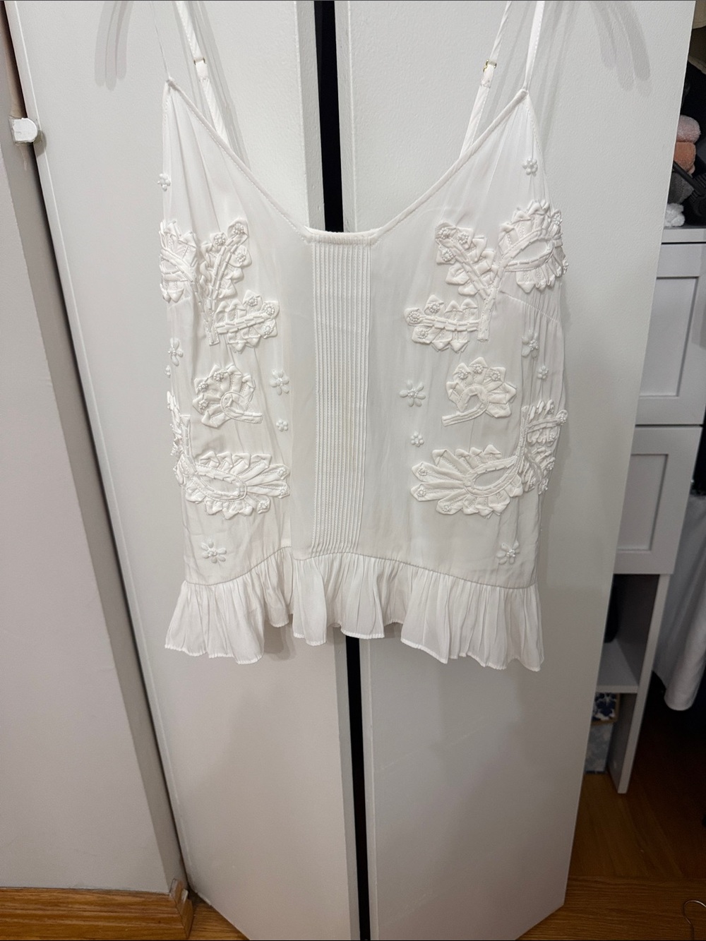 Ramy Brook White Embroidered Ruffled Cami Top size L